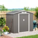 7 ft x 4 ft Garden Storage Shed Organizer, Outdoor Garden Utility Metal Storage Tool Shed for Patio Garden Yard, Gray/White - Image 2
