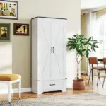 HOMCOM 72" Farmhouse Pantry Cabinet with Adjustable Shelves, Kitchen Pantry Cabinet with 2 Doors, Distressed White - Image 2