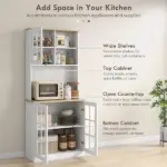 72" Kitchen Pantry Cabinet Storage, Freestanding Storage Cabinet with Hutch, Countertop, Glass Doors and Adjustable Shelves, White - Image 6