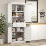 72" White Freestanding Kitchen Cabinet Pantry with Shelves, Spacious Storage Solution - Image 10