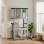 74" Wooden Outdoor Cat House Catio with High Weight Capacity, Cat Cage Condo, Light Gray - Image 2