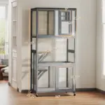 74" Wooden Outdoor Cat House Catio with High Weight Capacity, Cat Cage Condo, Light Gray - Image 3