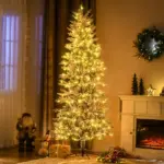 HOMCOM 7.5 ft Flocked Christmas Tree Pre Lit, with Snow Branches, Warm Yellow Clear Lights, Auto Open, Extra Bulb - Image 2