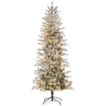 HOMCOM 7.5 ft Flocked Christmas Tree Pre Lit, with Snow Branches, Warm Yellow Clear Lights, Auto Open, Extra Bulb