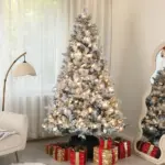 7.5 ft Flocked Christmas Tree, Prelit Artificial Trees with 500 Clear Lights, 1530 Tips and Metal Stand for Holiday Party - Image 2