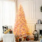 HOMCOM 7.5 ft Tall Pre Lit Christmas Tree, Flocked Artificial Tress with 500 Warm White LED Lights and 1346 Tips for Party, Pink - Image 2