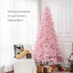 HOMCOM 7.5 ft Tall Pre Lit Christmas Tree, Flocked Artificial Tress with 500 Warm White LED Lights and 1346 Tips for Party, Pink - Image 4