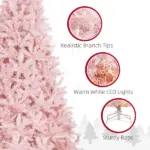 HOMCOM 7.5 ft Tall Pre Lit Christmas Tree, Flocked Artificial Tress with 500 Warm White LED Lights and 1346 Tips for Party, Pink - Image 7