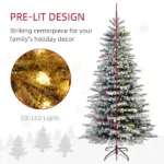 HOMCOM 7.5ft Snow Flocked Artificial Christmas Tree, Pre-Lit Christmas Tree with 500 LED Lights and 1264 Branch Tips, Green - Image 4