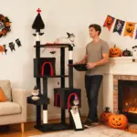 PawHut 78" Gothic Cat Tree, Cat Tower with Coffin Bed, 2 Spacious Condos, Sisal Scratching Posts, Bat Hanging Balls, Halloween - Image 2