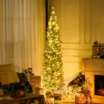 HOMCOM 7 Ft Green Pencil Christmas Tree Slim with Realistic Branches Warm White LED Lights for Holiday Decor - Image 2
