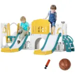 8-in-1 Toddler Slide and Swing Set, Yellow, with Dual Slides, Basketball Hoop, Climber, Storage, Telescope, for Ages 1-3 - Image 11