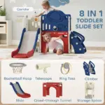 8-in-1 Toddler Slide Set with Basketball Hoop, Indoor Outdoor Playground Playset for Kids, Blue - Image 4