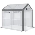 Outsunny 8' L x 6' W x 7' H Outdoor Walk-In Tunnel Greenhouse with Roll-up Windows, 2 Zippered Doors and Weather Cover, White/Gray