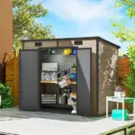 Outsunny 8' x 4' Plastic Outdoor Storage Shed with Floor, Window, Lockable Doors and Vents for Backyard Patio Lawn, Light Brown - Image 2