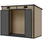 Outsunny 8' x 4' Plastic Outdoor Storage Shed with Floor, Window, Lockable Doors and Vents for Backyard Patio Lawn, Light Brown