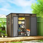 Outsunny 8' x 4' Plastic Outdoor Storage Shed with Floor, Window, Lockable Doors and Vents for Backyard Patio Lawn, Light Brown - Image 10