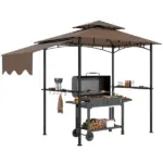 8' x 5' Outdoor Grill Gazebo, Barbecue Gazebo Shelter with Side Awning, 2 Side Shelves and 6 Hooks, Brown - Image 11