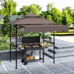 8' x 5' Outdoor Grill Gazebo, Barbecue Gazebo Shelter with Side Awning, 2 Side Shelves and 6 Hooks, Brown - Image 2