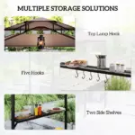 8' x 5' Outdoor Grill Gazebo, Barbecue Gazebo Shelter with Side Awning, 2 Side Shelves and 6 Hooks, Brown - Image 6