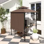 8' x 5' Outdoor Grill Gazebo, Barbecue Gazebo Shelter with Side Awning, 2 Side Shelves and 6 Hooks, Brown - Image 8