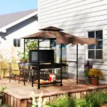 8' x 5' Outdoor Grill Gazebo, Barbecue Gazebo Shelter with Side Awning, 2 Side Shelves and 6 Hooks, Brown - Image 9