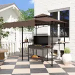 8' x 5' Outdoor Grill Gazebo, Barbecue Gazebo Shelter with Side Awning, 2 Side Shelves and 6 Hooks, Brown - Image 10
