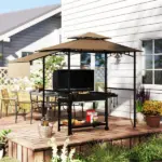 8' x 5' Outdoor Grill Gazebo, Barbecue Gazebo Shelter with Side Awning, 2 Side Shelves and 6 Hooks, Brown - Image 8