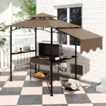 8' x 5' Outdoor Grill Gazebo, Barbecue Gazebo Shelter with Side Awning, 2 Side Shelves and 6 Hooks, Brown - Image 9