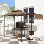 8' x 5' Outdoor Grill Gazebo, Barbecue Gazebo Shelter with Side Awning, 2 Side Shelves and 6 Hooks, Brown - Image 10