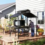 Outsunny 8 x 5ft Hardtop Grill Gazebo with Double Metal Roof, 2 Side Shelves and 10 Hooks for Patio Backyard Lawn Deck - Image 9