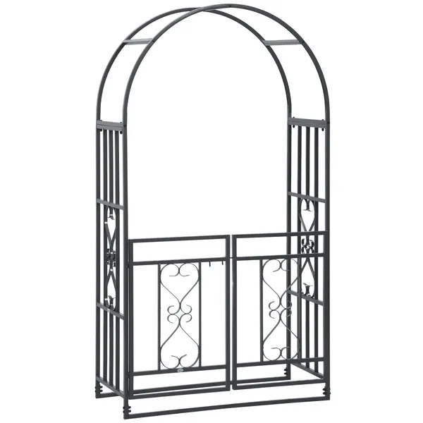 8ft-metal-garden-arch-grey-with-double-doors-locking-gate-for-wedding-bridal-party.webp Outsunny 8ft Metal Garden Arch Grey with Double Doors Locking Gate for Wedding Bridal Party - Image 1