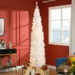 HOMCOM 8 Ft Pencil Christmas Tree, Slim Pre-Lit Christmas Tree with Realistic Branches and Warm White LED Lights, White - Image 2