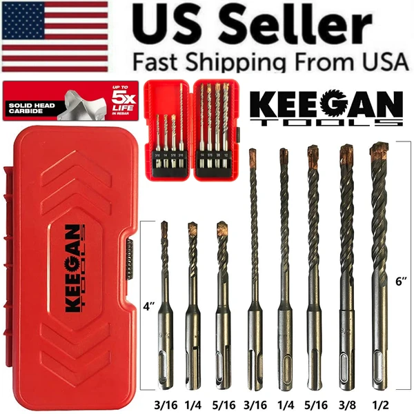 8pcs-sds-plus-drill-bit-set-4-cutter-carbide-tip-rotary-hammer-concrete-masonry-6.webp Keegan Tools 8 Piece SDS Plus Masonry Drill Bit Set with Carbide Tips and Case - Image 1