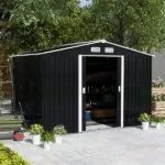Outsunny 9 ft x 6 ft Metal Storage Shed - Dark Gray, Garden Tool House, 2 Sliding Doors, 4 Air Vents, for Backyard, Patio and Lawn - Image 2