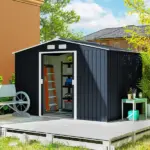 Outsunny 9' x 6' Outdoor Storage Shed, Garden Tool Metal Shed with Foundation Kit, Dark Gray - Image 2