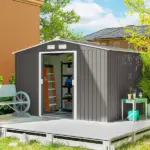 9' x 6' Outdoor Storage Shed, Garden Tool Metal Shed with Foundation Kit, Light Gray - Image 2