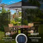 9 x 7 ft Patio Umbrella Outdoor Table Market with Crank Solar LED Lights Tilt Button for Deck Dark Gray - Image 4