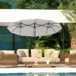 Outsunny 9.5' Double-Sided Patio Umbrella, Large Outdoor Market Umbrella with Push Button Tilt, Crank, 12 Ribs, for Garden, Deck, Pool - Image 2