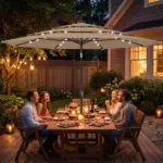 Outsunny 9.7 Ft Outdoor Patio Umbrella with Solar LED Lights, 3 Tier Outdoor Table Umbrella with Tilt, Crank, Khaki - Image 2