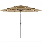Outsunny 9.7 Ft Outdoor Patio Umbrella with Solar LED Lights, 3 Tier Outdoor Table Umbrella with Tilt, Crank, Khaki