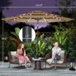 Outsunny 9.7 Ft Outdoor Patio Umbrella with Solar LED Lights, 3 Tier Outdoor Table Umbrella with Tilt, Crank, Khaki - Image 3