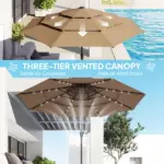 Outsunny 9.7 Ft Outdoor Patio Umbrella with Solar LED Lights, 3 Tier Outdoor Table Umbrella with Tilt, Crank, Khaki - Image 5