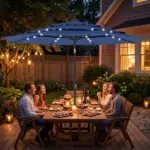 Outsunny 9.7 Ft Outdoor Patio Umbrella with Solar LED Lights, 3 Tier Outdoor Table Umbrella with Tilt, Crank, Navy Blue - Image 2