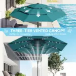 Outsunny 9.7 Ft Outdoor Patio Umbrella with Solar LED Lights, 3 Tier Outdoor Table Umbrella with Tilt, Crank, Teal - Image 5