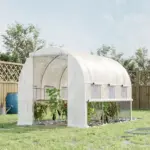 9.7' x 6.5' x 6.5' High Tunnel Greenhouse, with Anti-Tear PE Cover, Zipper Doors and Mesh Windows, Steel Frame, Walk-in Green House, White - Image 2