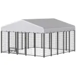PawHut 9.8 ft x 9.8 ft x 6 ft Outdoor Dog Kennel, Dog Kennel Outside Run with 360 Degree Rotating Bowls, Waterproof and UV Resistant Cover