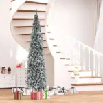 HOMCOM 9ft Flocked Christmas Tree, Slim Unlit Pine Hinged PVC Xmas Tree with Realistic Branches and 1014 Tips, Green - Image 2