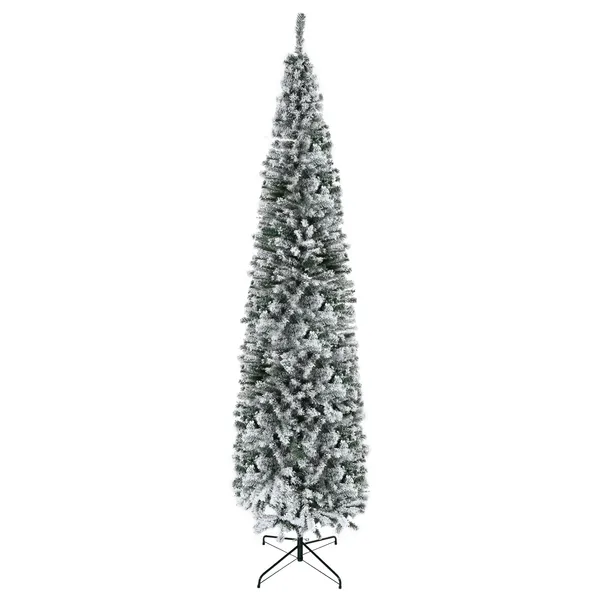 9ft-flocked-christmas-tree-slim-unlit-pine-hinged-pvc-xmas-tree-with-realistic-branches-1014-tips-green.webp HOMCOM 9ft Flocked Christmas Tree, Slim Unlit Pine Hinged PVC Xmas Tree with Realistic Branches and 1014 Tips, Green - Image 1