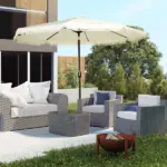 Outsunny 9ft Patio Umbrella with Push Button Tilt and Crank, Outdoor Market Table Umbrella with Fringed Tassles and 8 Ribs, for Garden - Image 2